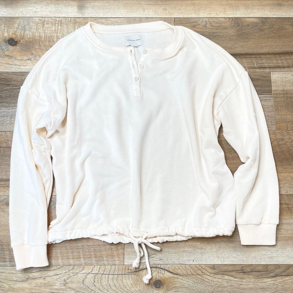 AMERICAN Eagle Cream Henley Long Sleeve Drawstring Pullover Sweatshirt Size XS